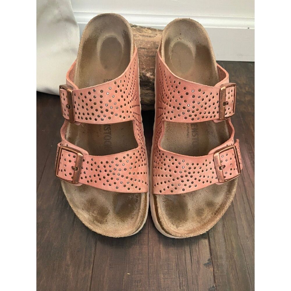 Used Birkenstock Arizona Pink Perforated Leather Sandals 39